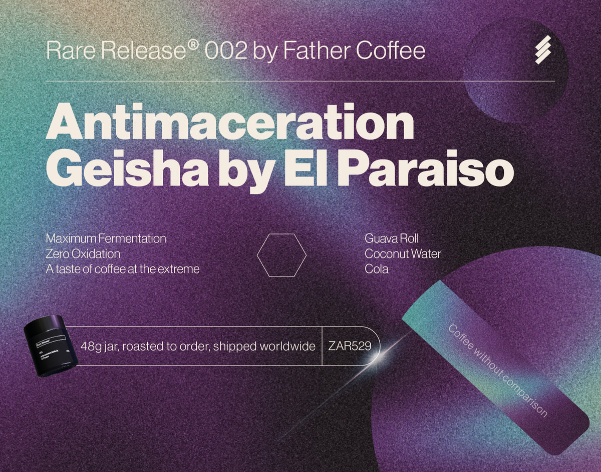 Promotional graphic for 'Antimaceration Geisha by El Paraiso' coffee from Father Coffee with a purple and blue gradient background.